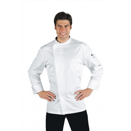 Giacca cuoco bianca con bottoni a pressione manica lunga Bilbao in tessuto satin - Isacco