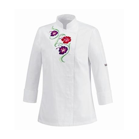 Giacca cuoco Donna Flowers modello slim bianca manica lunga con disegno Fiori - Egochef