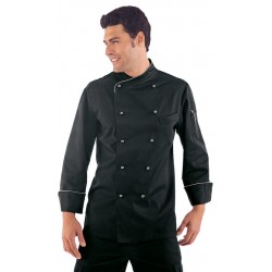 Giacca cuoco uomo Lima nera con bicolore argento manica lunga e bottoni a funghetto - Isacco