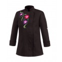 Giacca cuoco Flowers donna manica lunga modello slim nera con disegno fiori - Egochef