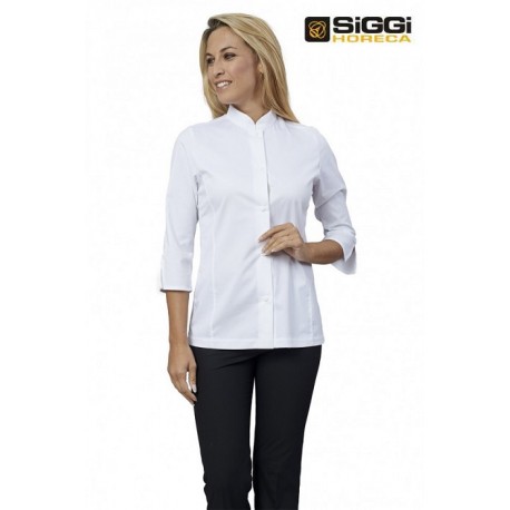 Giacca cuoco Mina donna sfiancata con manica a 3/4 bottoni a pressione tessuto microforato sulle spalle - Siggi Horeca