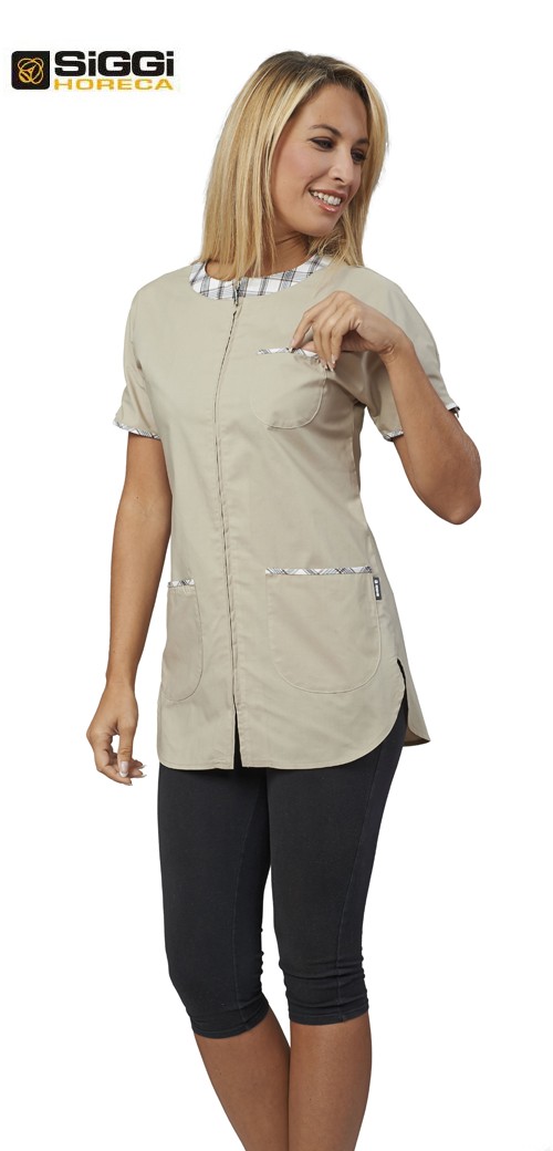 Casacca da lavoro donna colorata Gioia a manica corta, chiusura con cerniera  e inserti stampa quadretti per banconiste