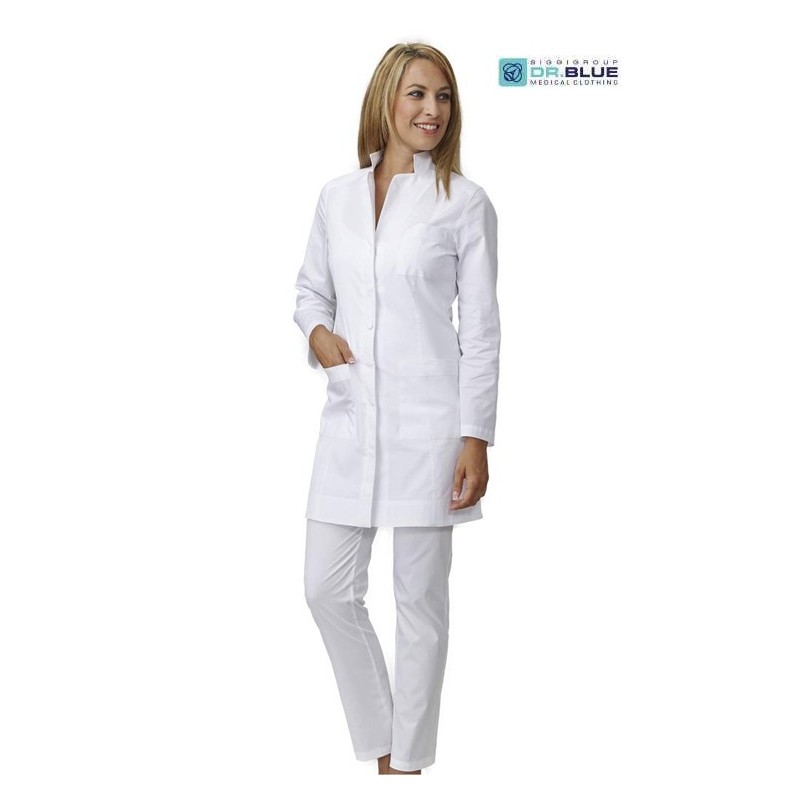 Camice da lavoro donna bianco Maris modello slim sfiancato con manica lunga  e bottoni a pressione per farmaciste - dotto
