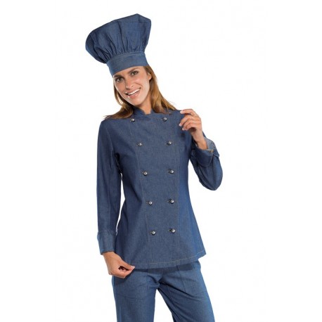 Giacca cuoco donna in jeans modello slim in 100% cotone con manica lunga e bottoni a funghetto - Isacco