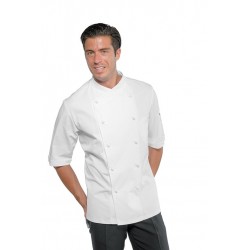 Giacca cuoco uomo Panama modello slim bianca o nera con manica corta e bottoni a funghetto - Isacco