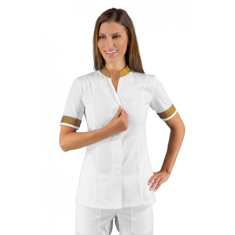 Casacca da lavoro donna manica corta Hibiscus nera o bianca 100% poliestere bohème per estetiste - parrucchiere- Isacco