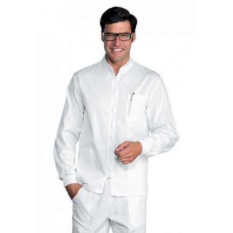 Casacca da lavoro uomo Samarcanda bianca con manica lunga e cerniera in tessuto boheme per medici - infermieri - Isacco