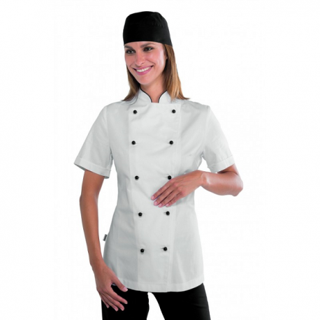Giacca cuoco donna manica corta bianca Lady Granchef con bottoni funghetto neri - Isacco