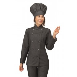Giacca cuoco donna in jeans modello slim in 100% cotone con manica lunga e bottoni a funghetto - Isacco