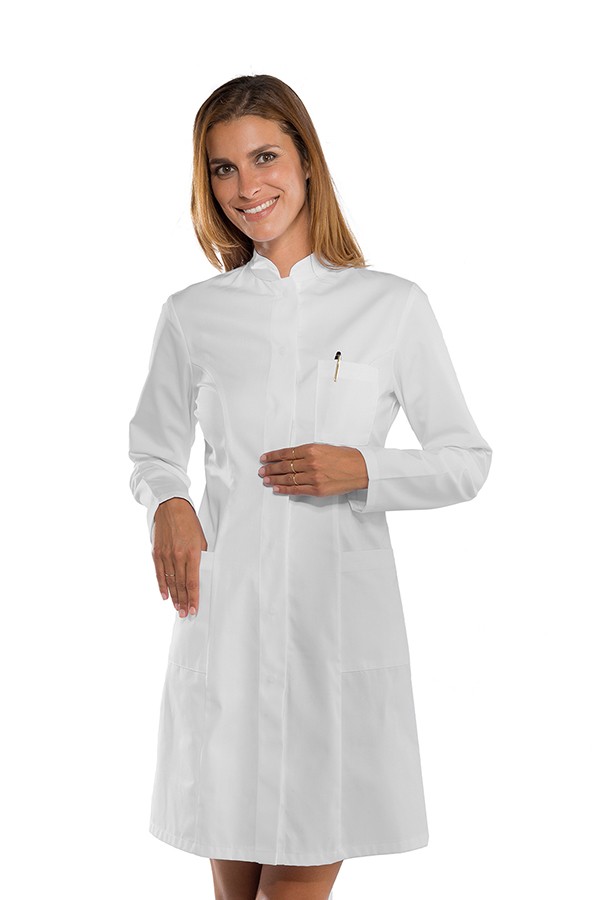 Camice da lavoro donna bianco Catalina in tessuto elasticizzato e bottoni a  pressione - Isacco 