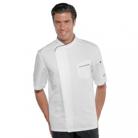 Giacca uomo cuoco Bilbao bianco/tricolore con bottoni SNAPS manica corta - Isacco