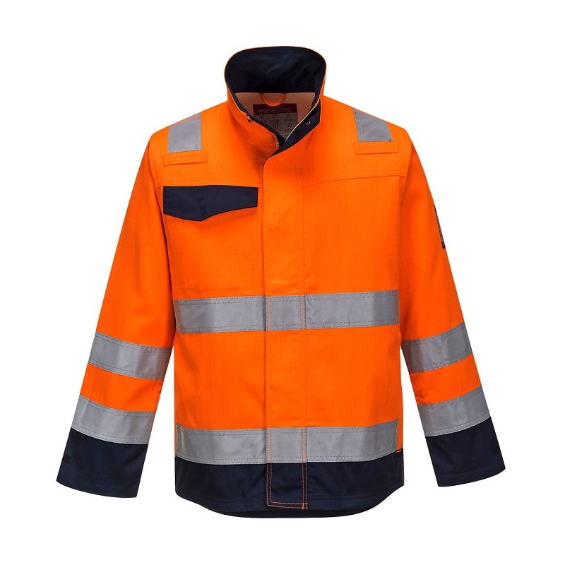 Giacca da lavoro uomo ignifuga Modaflame RIS arancio/blu alta visibilità  per benzinai, pompieri - Portwest 