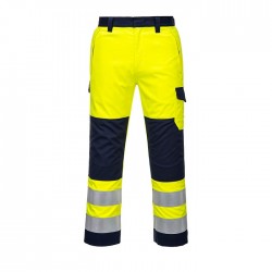 Pantalone da lavoro uomo ignifugo doppia cucitura con filo FR Hi-Vis Modaflame giallo/blu alta visibilità per benzinai, pompier