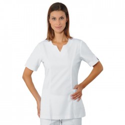 Casacca da lavoro donna Tiffany manica corta e scollo v bianca per estetiste - massaggiatrici - infermiere - Isacco