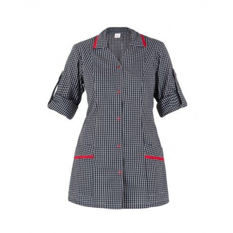 Casacca da lavoro donna Primula rosso/quadro nero con manica arrotondabile per banconiste - Giblors