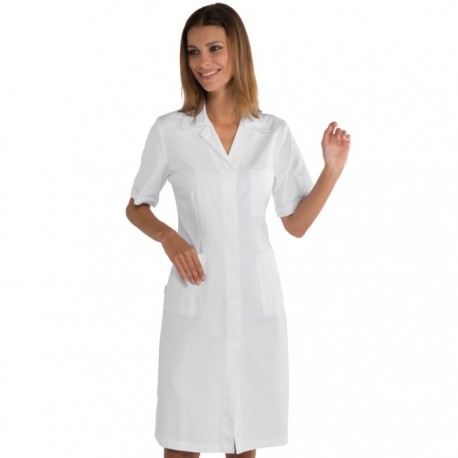 Camice da lavoro bianco donna in tessuto SATIN manica corta per medici, farmacisti, biologi- Isacco