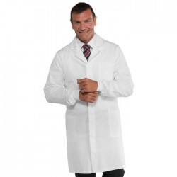 Camice da lavoro bianco uomo con polsi in maglia 100% cotone per medici, biologi, farmacisti- Isacco
